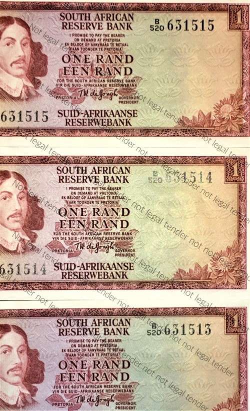 TW DE JONGH R1 IN SEQUENCE B520-631515-513 UNC E/A 3RD ISSUE 1975 ( 1 BID TAKES ALL)