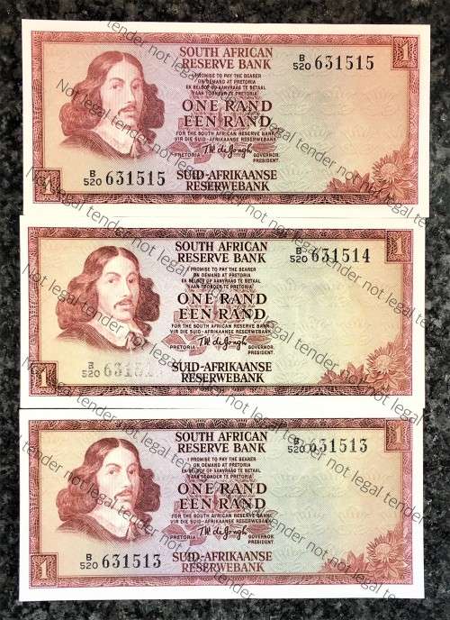 TW DE JONGH R1 IN SEQUENCE B520-631515-513 UNC E/A 3RD ISSUE 1975 ( 1 BID TAKES ALL)