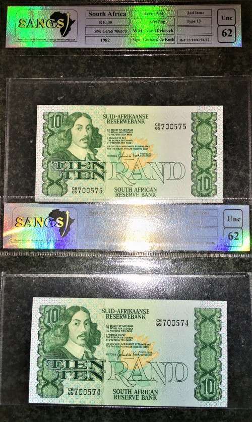 GPC DE KOCK R10 IN SEQ C665/575-57 GRADED UNC62 - 2ND ISSUE 1982 TYPE 13 SANGS(1 BID TAKES BOTH )