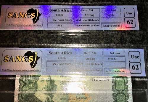 GPC DE KOCK R10 IN SEQ C665/575-57 GRADED UNC62 - 2ND ISSUE 1982 TYPE 13 SANGS(1 BID TAKES BOTH )