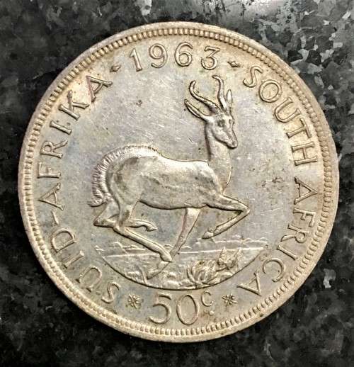 R S A SILVER 50 CENT 1963 GOOD CONDITION  SILVER CROWN SIZE