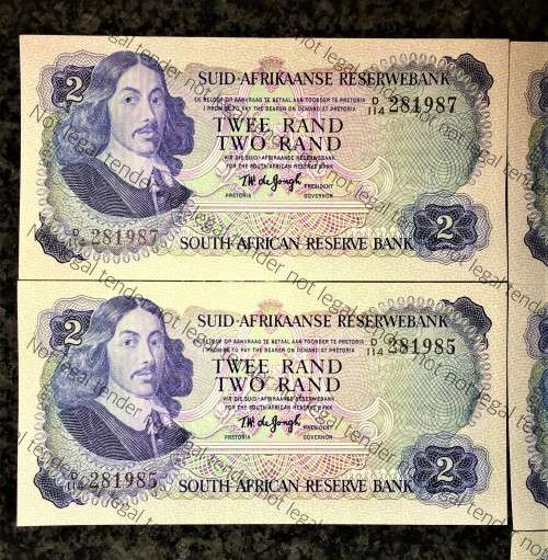 TW DE JONGH R2 IN SEQUENCE D114/ 281987-983 UNC 2ND ISSUE 1974 SPRINGBUCK WTM(BID PER NOTE)