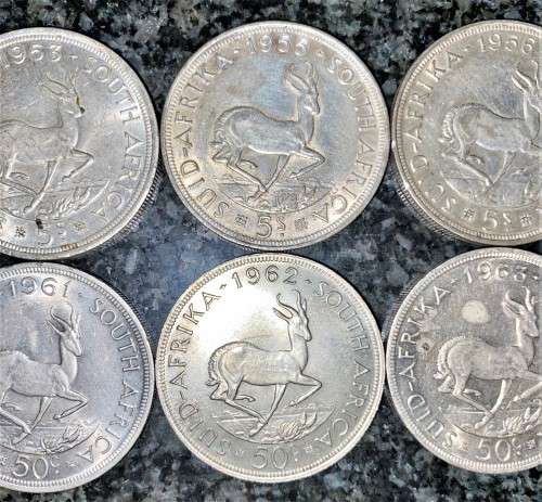 S A UNION SILVER SET 5 SHILLING 1953,1955 1956 ,1961,1962 & 1963 GOOD CONDITION  SILVER CROWNS
