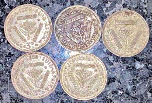 S A UNION SILVER SET 3D THREEPENCE TICKEY 1953,1956,1958 & 2X 1959 -- SILVER(1 BID TAKES ALL)