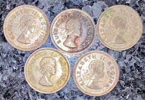 S A UNION SILVER SET 3D THREEPENCE TICKEY 1953,1956,1958 & 2X 1959 -- SILVER(1 BID TAKES ALL)