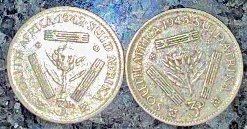 S A UNION SILVER 3D THREEPENCE TICKEY 1942 & 1943 -- 80%SILVER(1 BID TAKES ALL)