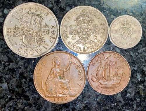 GREAT BRITAIN SET 2 1/2 SHILLING, 2 SHILLING, 6 PENCE,1P & 1/2P 1949(1 BID TAKES ALL)