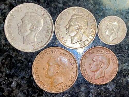 GREAT BRITAIN SET 2 1/2 SHILLING, 2 SHILLING, 6 PENCE,1P & 1/2P 1949(1 BID TAKES ALL)