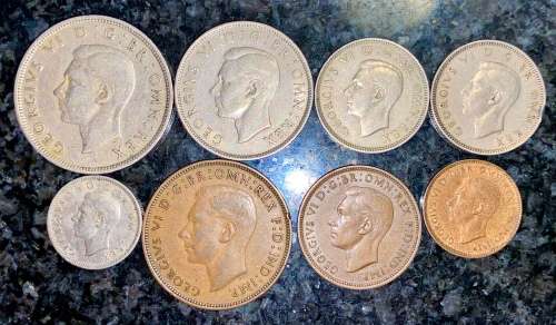 GREAT BRITAIN SET 2 1/2 SHILLING, 2 SHILL,2XDIFF SHILLING,6 PENCE,1P,1/2P & 1/4P 1947(1 BID TAKES AL