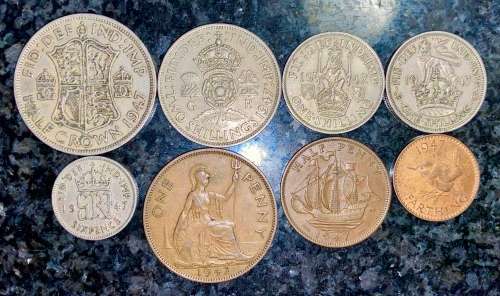 GREAT BRITAIN SET 2 1/2 SHILLING, 2 SHILL,2XDIFF SHILLING,6 PENCE,1P,1/2P & 1/4P 1947(1 BID TAKES AL