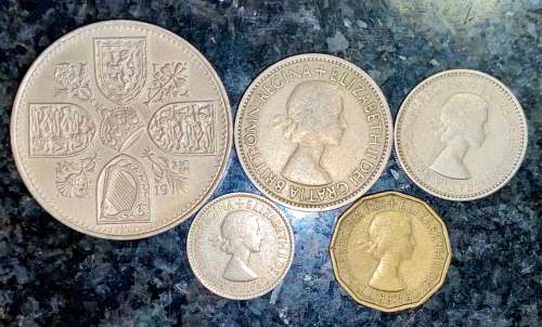 GREAT BRITAIN SET 5 SHILLING/CROWN, 2 SHILLING, 1 SHILLING, 6PENCE & THREEPENCE 1953(1 BID TAKE ALL)