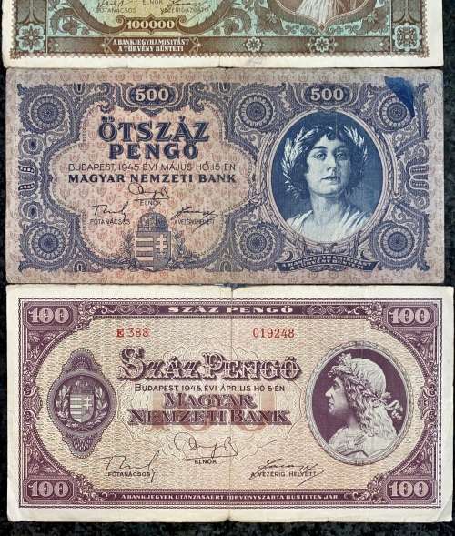HUNGARY SET 1 MILLION PENGO, 100,000 PENGO, 500 PENGO & 100 PENGO 1945 WW2 BUDAPEST(1 BID TAKES ALL)