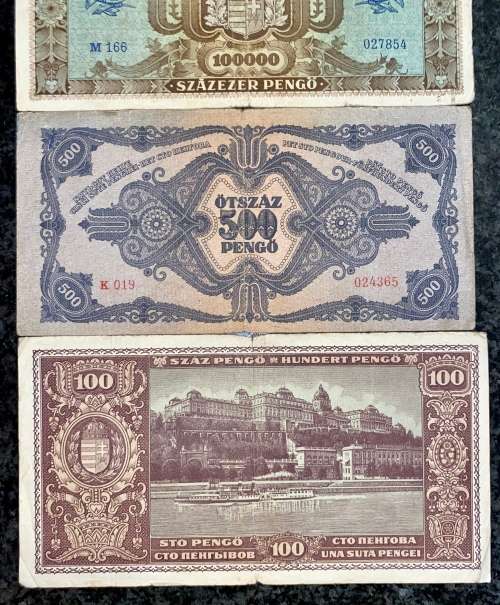 HUNGARY SET 1 MILLION PENGO, 100,000 PENGO, 500 PENGO & 100 PENGO 1945 WW2 BUDAPEST(1 BID TAKES ALL)