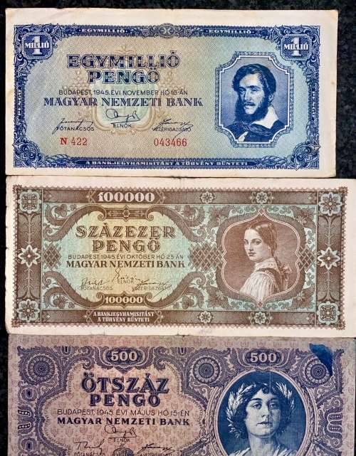 HUNGARY SET 1 MILLION PENGO, 100,000 PENGO, 500 PENGO & 100 PENGO 1945 WW2 BUDAPEST(1 BID TAKES ALL)