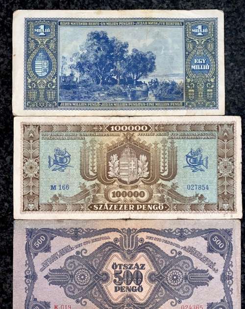 HUNGARY SET 1 MILLION PENGO, 100,000 PENGO, 500 PENGO & 100 PENGO 1945 WW2 BUDAPEST(1 BID TAKES ALL)