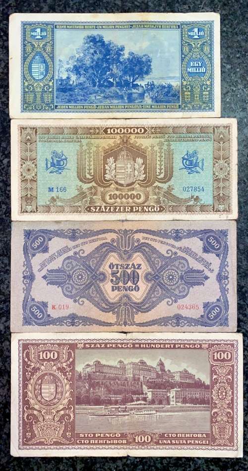 HUNGARY SET 1 MILLION PENGO, 100,000 PENGO, 500 PENGO & 100 PENGO 1945 WW2 BUDAPEST(1 BID TAKES ALL)