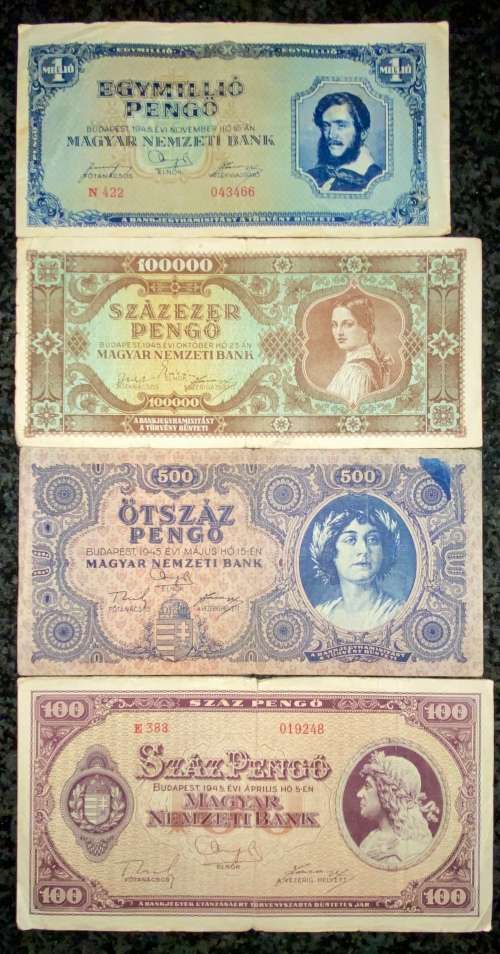 HUNGARY SET 1 MILLION PENGO, 100,000 PENGO, 500 PENGO & 100 PENGO 1945 WW2 BUDAPEST(1 BID TAKES ALL)