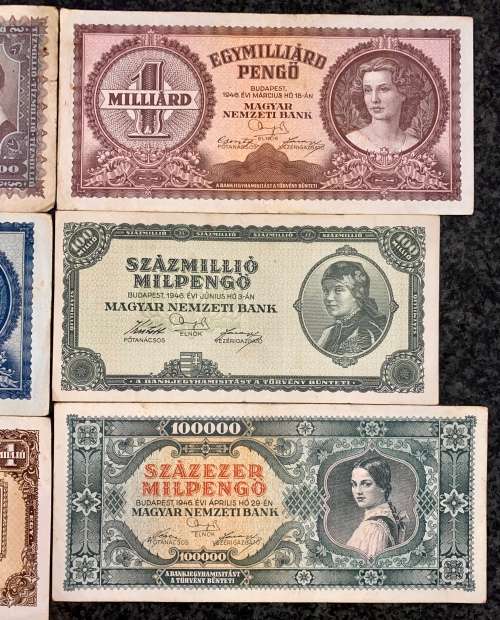 HUNGARY SET  2 DIFFERENT 1 BILLION PENGOS,100 MILL PEN, 10 MILL PEN,1 MIL PEN & 100,000 PENGO 1946