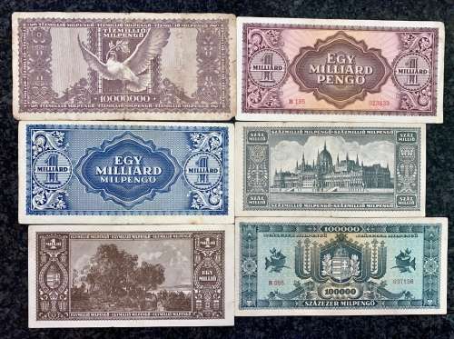 HUNGARY SET  2 DIFFERENT 1 BILLION PENGOS,100 MILL PEN, 10 MILL PEN,1 MIL PEN & 100,000 PENGO 1946