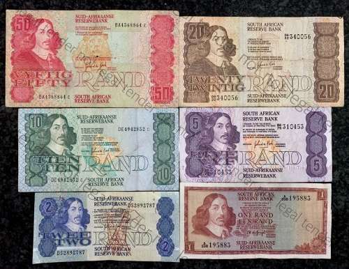 COMPLETE SET GPC DE KOCK & DECIMAL(SCARCE R50 BA) TO R2 - 1980s(R1 TW DE JONGH 1967)(1 BID TAKES ALL