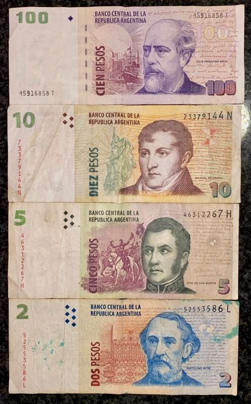 ARGENTINA SET 100 PESOS, 10 PESOS, 5 PESOS & 2 PESO(1 BID TAKES ALL)