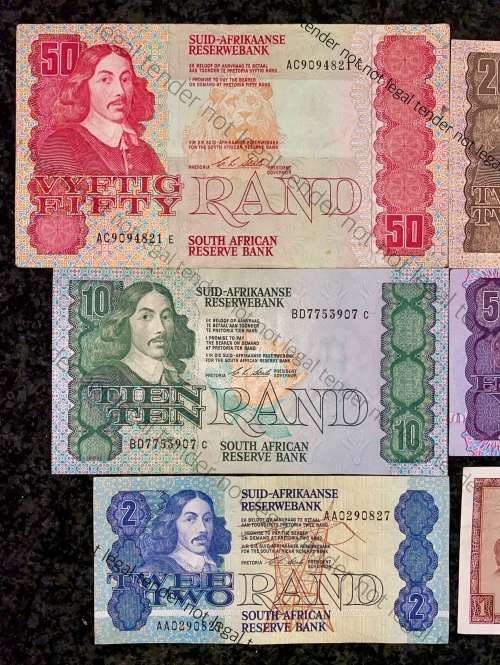 COMPLETE SET OF CL STALS & DECIMALS  R50 TO R2 AA --1990 [R1 T.W DE JONGH 1973] HIGHER GRADE NOTES