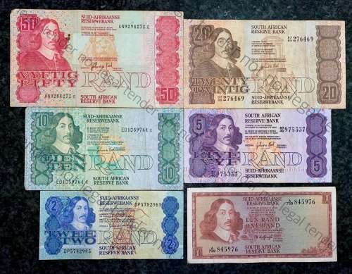 COMPLETE SET OF GPC DE KOCK & DECIMALS  R50 TO R2,,,1980s (R1 TW DE JONGH 1967)(1 BID TAKES ALL)