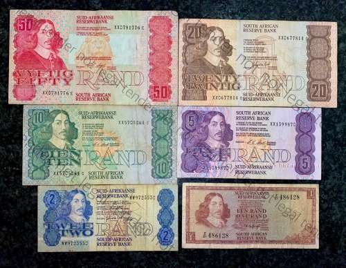 REPLACEMENT NOTES SET VARIOUS GOVERNORS R50 -XX, R20 -XX ,R10 XX,R5 XX, R2 -WW  & DE JONGH R1 -Z21-