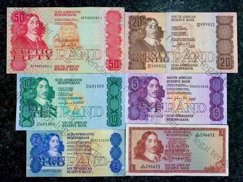 COMPLETE SET OF GPC DE KOCK & DECIMALS R50 TO R2 - 1980s UNC-EF (R1 TW DE JONGH 1975(1 BID TAKES ALL