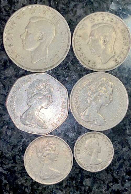 GREAT BRITAIN SET 2 1/2 SHILLING,2 SHILLING 1948, 50P, 10P, 5P & 6 PENCE 1969( 1 BID TAKES ALL)