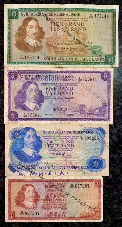 COMPLETE SET OF TW DE JONGH & DECIMALS R10 TO R1 ,,, 1967-1975( 1 BID TAKES ALL)