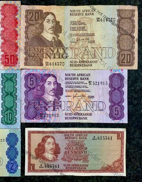 COMPLETE SET OF GPC DE KOCK & DECIMALS  R50 TO R2,,,1980s (R1 TW DE JONGH 1975)- (1 BID TAKES ALL)