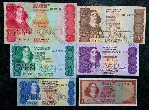 COMPLETE SET OF GPC DE KOCK & DECIMALS  R50 TO R2,,,1980s (R1 TW DE JONGH 1975)- (1 BID TAKES ALL)