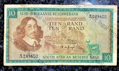 REPLACEMENT NOTE TW DE JONGH R10 -- W16 -- VAN RIEBEECK WTM 3RD ISSUE 1976