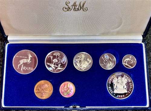 SA MINT PROOF SET 1989 SILVER R1 WITH AMAZING TONING TO 1 CENT WITH EXTRA R1 BLUE S A MINT BOX
