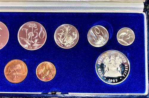 SA MINT PROOF SET 1989 SILVER R1 WITH AMAZING TONING TO 1 CENT WITH EXTRA R1 BLUE S A MINT BOX