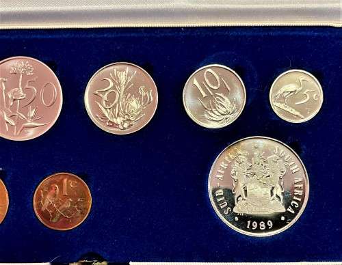 SA MINT PROOF SET 1989 SILVER R1 WITH AMAZING TONING TO 1 CENT WITH EXTRA R1 BLUE S A MINT BOX