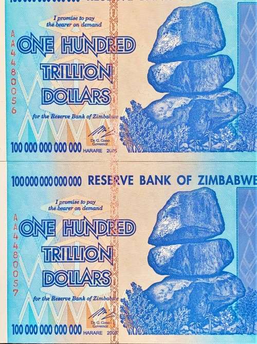 ZIMBABWE ONE HUNDRED TRILLIAN DOLLARS IN SEQUENCE AA4480056-057 --UNC HARARE  2008
