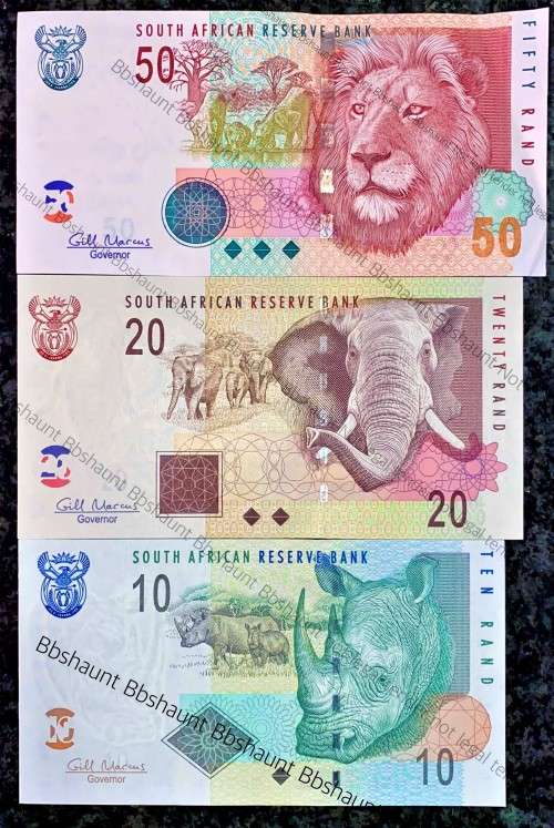 GILL MARCUS SET R50 AUNC , R20 UNC & R10AA UNC 1ST ISSUE(ANIMALS WATERMARK) (1 BID TAKES ALL)
