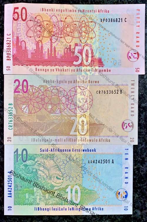 GILL MARCUS SET R50 AUNC , R20 UNC & R10AA UNC 1ST ISSUE(ANIMALS WATERMARK) (1 BID TAKES ALL)