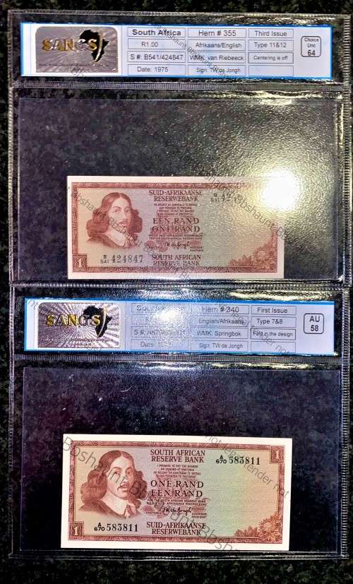 GRADED TW DE JONGH R1 A & B -ERROR(OFF CENTERING)CHOICE UNC64 & AU58 (BOTH WTM) SANGS(1 BID TAKES AL
