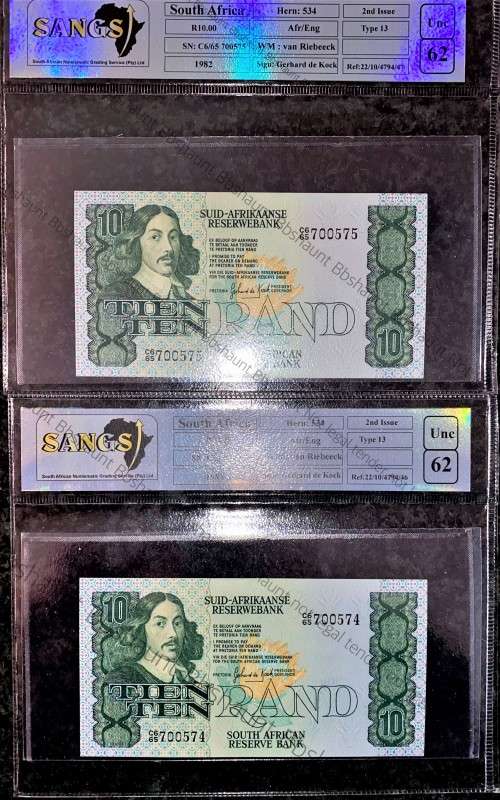 GPC DE KOCK R10 IN SEQ C665/575-57 GRADED UNC62 - 2ND ISSUE 1982 TYPE 13 SANGS(1 BID TAKES BOTH )