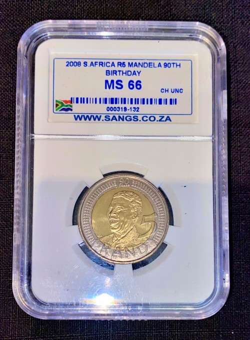 SOUTH AFRICA GRADED COMMEMORATIVE R5 MANDELAS 90TH BIRTHDAY GRADED MS66 CHOICE UNC SANGS