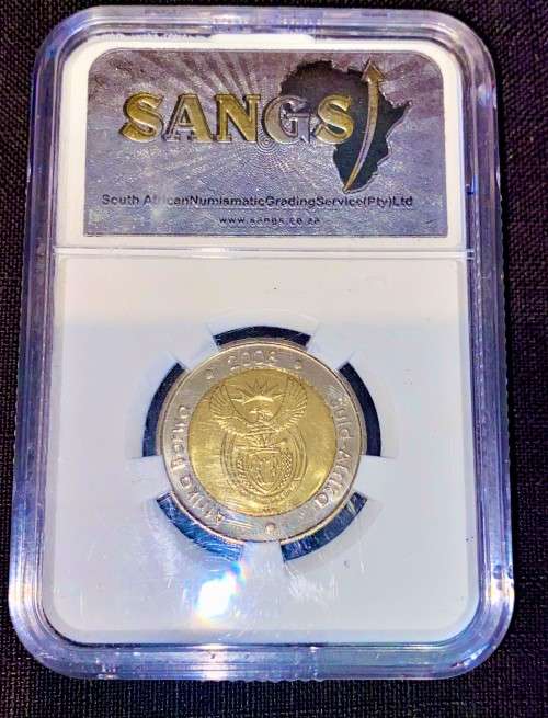 SOUTH AFRICA GRADED COMMEMORATIVE R5 MANDELAS 90TH BIRTHDAY GRADED MS66 CHOICE UNC SANGS