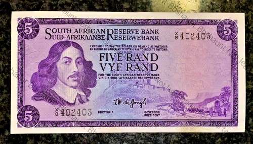 REPLACEMENT NOTE TW DE JONGH R5 -- X8 -- AUNC 1976 E/A 3RD ISSUE VAN RIEBEECK WTM