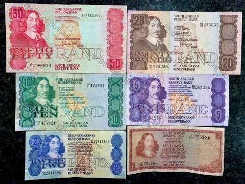 COMPLETE SET OF GPC DE KOCK & DECIMALS R50 TO R2 - 1980s (R1 TW DE JONGH 1975)- (1 BID TAKES ALL)