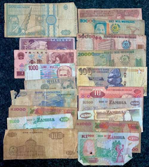 MIXED LOT INTERNATIONAL BANKENOTES - ITALY - ROMANIA - AFRICA - CHINA + (1 BID TAKES ALL 18 NOTES)