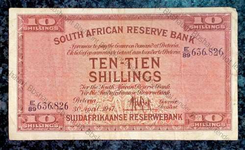 MH DE KOCK 10 SHILLINGS 1947 E89 /636.826 FIRST ISSUE E/A