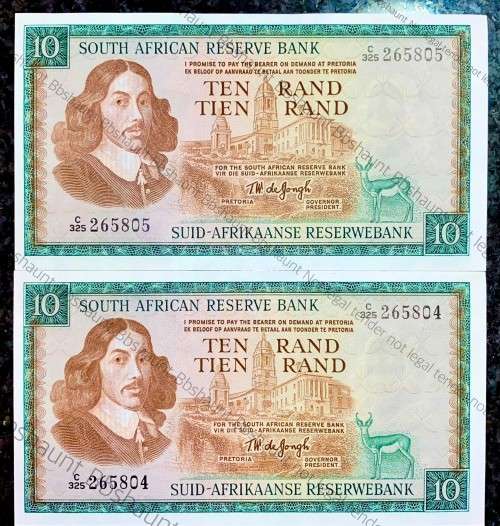 TW DE JONGH R10 IN SEQUENCE C325 /265805-804 UNC 3RD ISSUE 1975 E/A VAN RIEBEECK WTM(1 BID TAKES ALL
