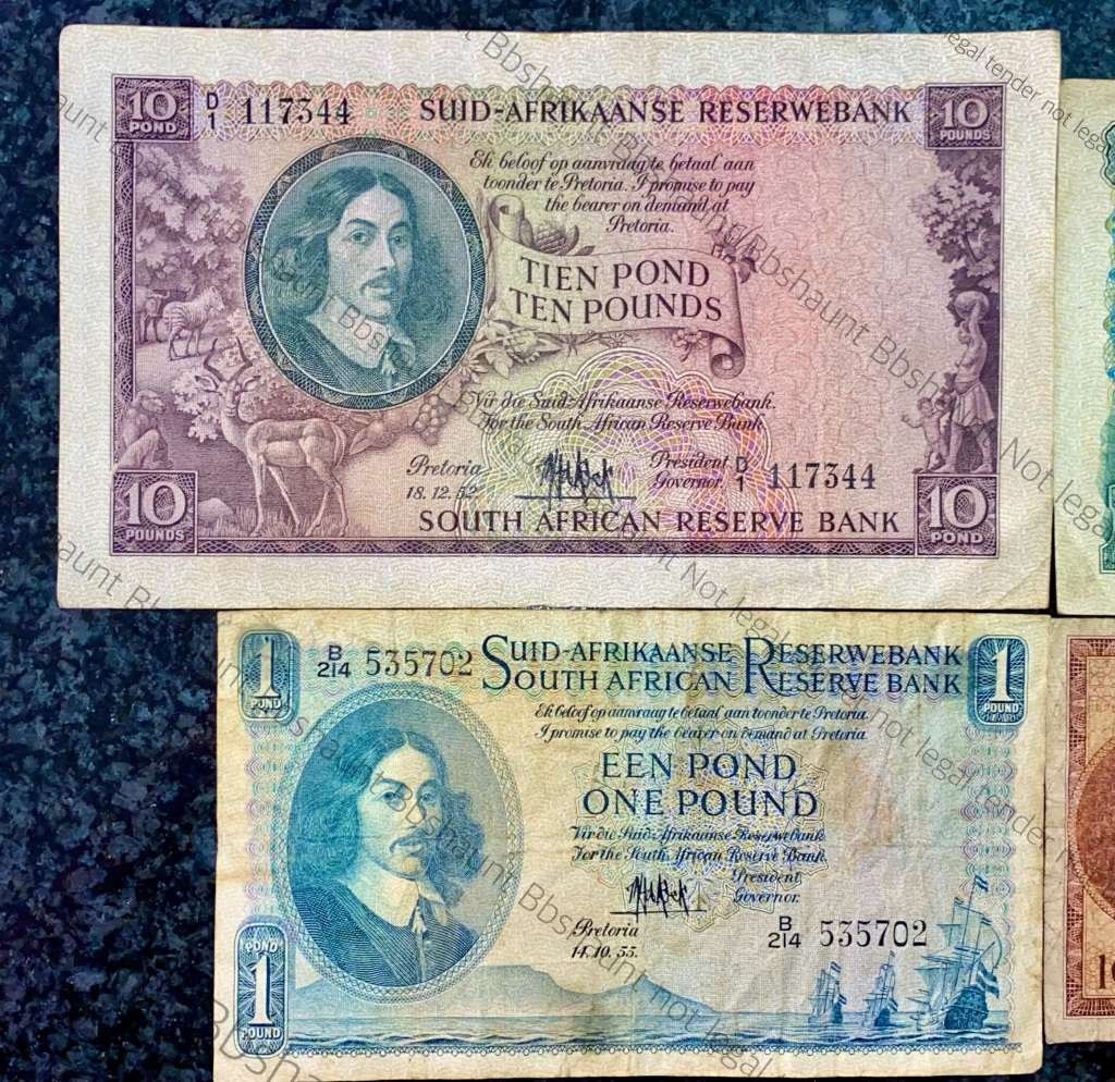 MH DE KOCK SET 10 POUND 1952, 5 POUND 1956, 1 POUND 1953 & 10 SHILLINGS 1953 (1 BID TAKES ALL)